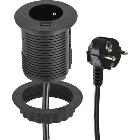 Bloc Multiprise Encastrable Compacte avec 1 Prise + 1 Port USB 2.0A Charge Rapide, Facile a Installer, Prolongateur de 2M de câble (1/5)
