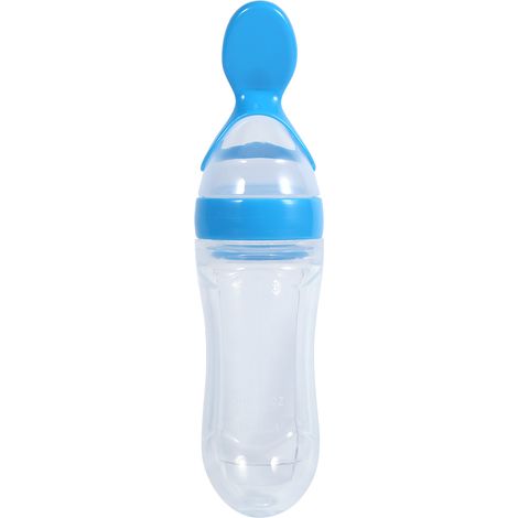 Biberon d'alimentation 90 ml en silicone pour bébé avec cuillère, distributeur de céréales et purée fraîche (Bleu)