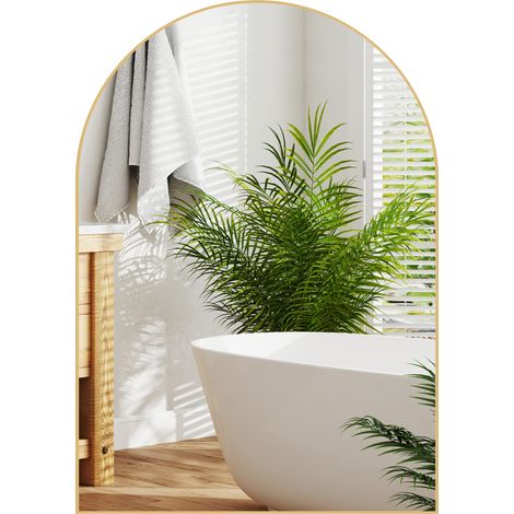 Badezimmerspiegel mit goldfarbenem Aluminiumrahmen, gebogener Wandspiegel für Wohnzimmer oder Eingangsbereich, Maße 50 x 70 cm
