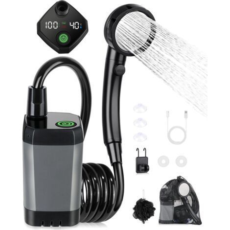 Kit Douche de Camping, Douche Portable,Pompe de Douche Électrique Rechargeable,Imperméable, avec Afficheur Intelligent et Pomme de Douche 4 Modes pour Extérieure,Camping,Randonnée (1/5)