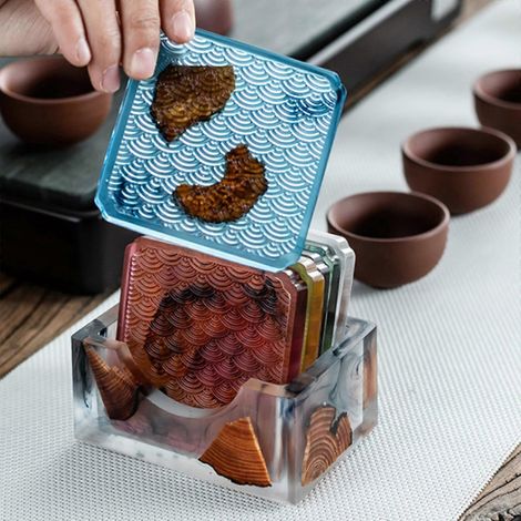 Lot de 6 dessous de verre en résine de pin résistante à la chaleur, avec boîte de rangement. (1/4)
