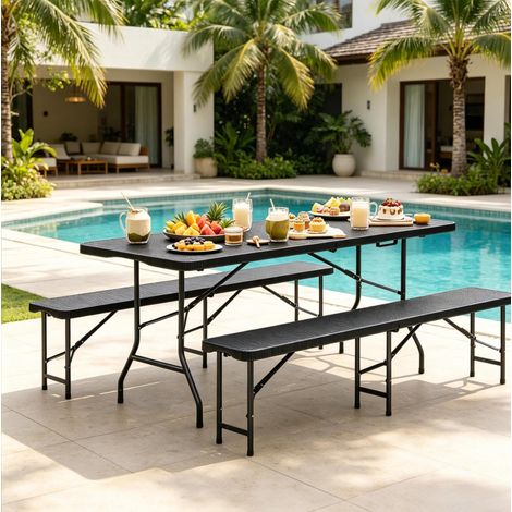 Set da giardino pieghevole 180 x 74 x 70 cm, 1 tavolo e 2 panche, nero (1/5)