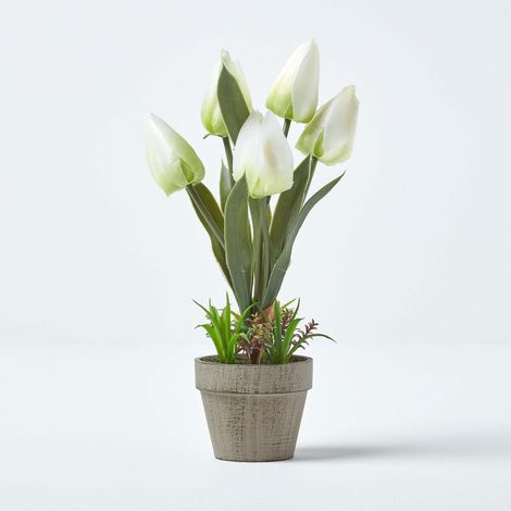 HOMESCAPES Kunstblumen Tulpen in Zellstoff Topf 27 cm hoch, weiß