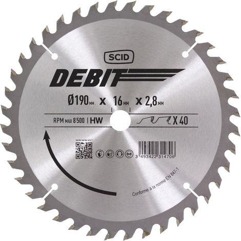 Lame de scie circulaire au carbure 190mm – 40 dents – Alésage 16mm – Épaisseur 2,8mm – Pour bois dur et teck – Scid