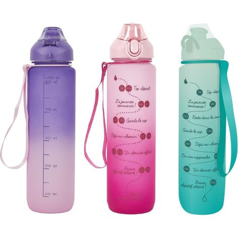 Lot de 3 Gourdes 1L Motivation Etanches et Graduées avec Sangle - Rose Bleu Violet - Livraison gratuite (1/5)