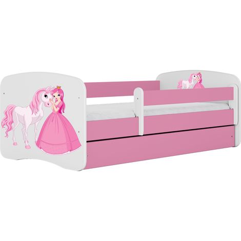 Kinderbett 70 × 140 cm mit Schublade und Rausfallschutz mit Matratze rosa Motiv Prinzessin und Pferd (1/5)