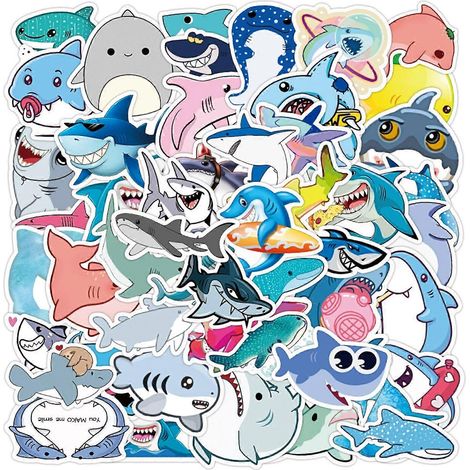 Autocollants requins (50 pièces) - Adorables autocollants animaux de dessin animé pour ados, adultes et enfants. Autocollants en vinyle imperméables pour ordinateur portable, gourde, skateboard, vélo (1/5)