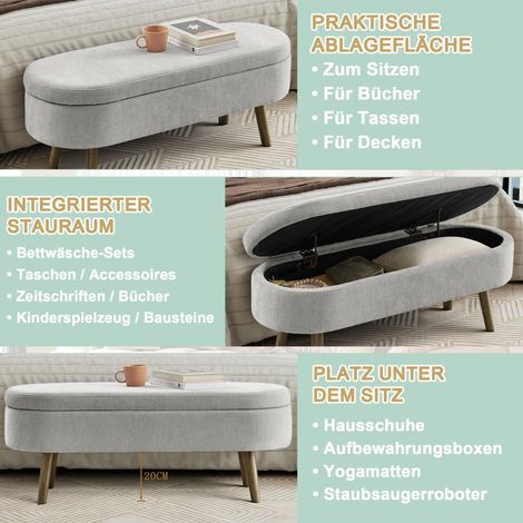 Banc de rangement multifonctionnel, tissu chenille doux, pieds en bois massif, cadre en bois robuste, 20L de stockage, 110x40x42cm, pour chambre, salon, entrée, banquette à chaussures, gris (1/5)