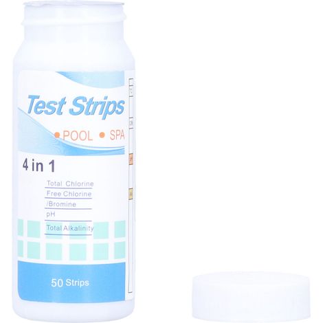 50 tiras reactivas 4 en 1 para análisis de agua de piscinas y spas: sin cloro, cloro/bromo, pH, alcalinidad. (1/5)