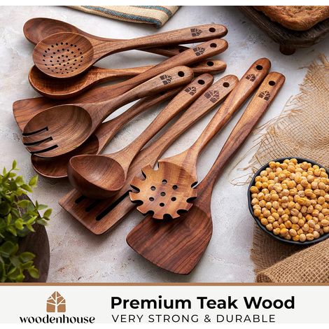 Ensemble de 10 ustensiles de cuisine en bois de teck - Ustensiles de cuisine en bois pour poêles et casseroles antiadhésives - Robustes, légers et résistants à la chaleur (1/4)