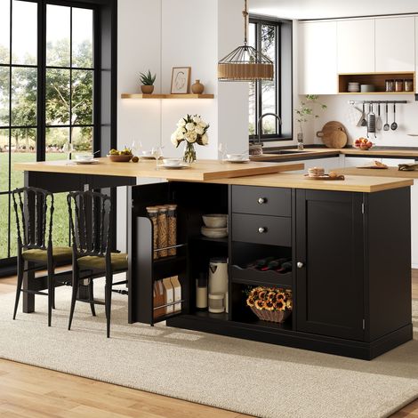 îlot de cuisine extensible 120-197 cm avec casier à vin,étagères à snacks,rotative à 360°,Table de bar avec portes magnétiquess,Table à manger,Noir