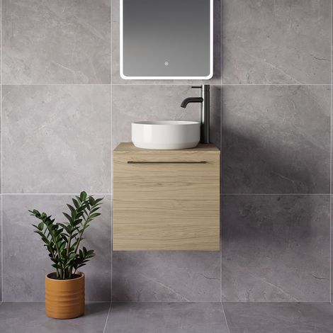 Napoli 390 Light Oak 500mm Wall Mounted Single Drawer Vanity Unit for Countertop Basins - 500mm - Gunmetal Grey 320mm Handle