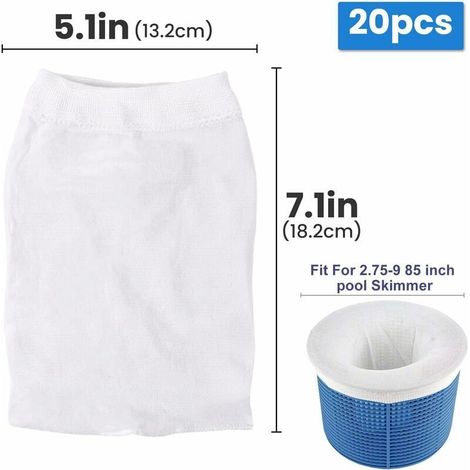 Calze per skimmer da piscina, 20 pezzi. Prefiltro per skimmer, cestello per skimmer, prefiltro elastico in nylon per piscina per intrappolare polline, foglie e capelli. (1/4)