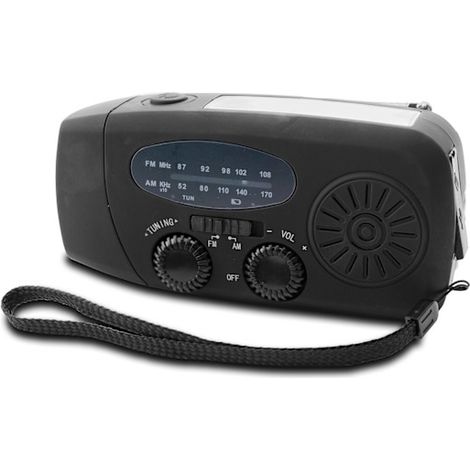 Radio à manivelle avec chargeur solaire et bougie d'allumage/équipement d'urgence et batterie externe, en noir. (1/5)