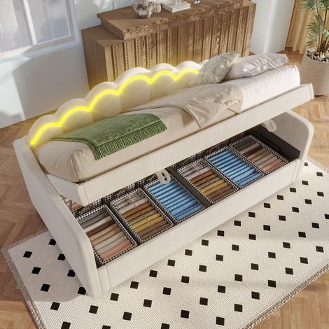 Lit coffre - SINGULARITY - 90x200 cm - Velours beige - Sommier inclus - Rangement hydraulique LED (1/5)