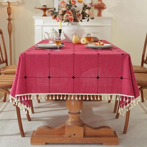 Nappe rectangulaire en lin et coton antitaches, motif vichy rouge, 140 x 180 cm, imperméable, avec pompons, style vintage. (1/5)