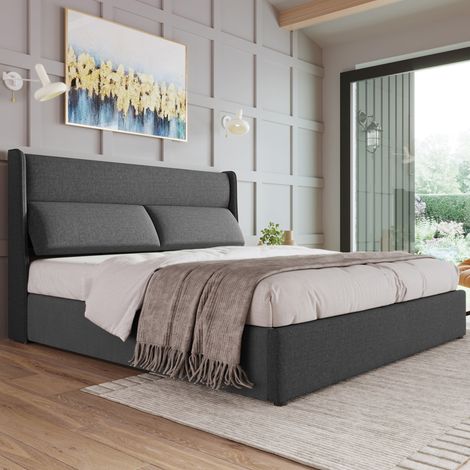 DESVIAE Lit double coffre hydraulique 140 x 200 cm avec têtières réglables tête de lit wingback en tissu gris sommier à lattes métalliques avec rangement structure en métal et lin (1/5)
