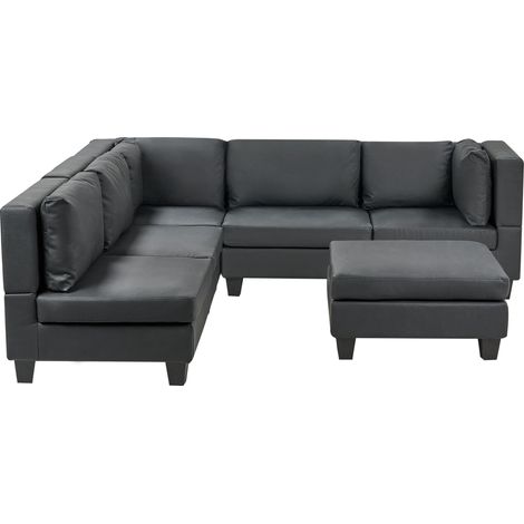 Divano componibile a 5 posti imbottito lato destro in tessuto nero con gambe nere e pouf Unstad