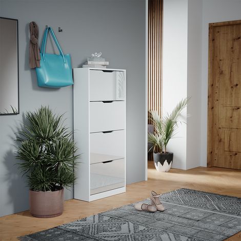 Schuhkipper Luca, Weiß/Weiß Hochglanz, 59 x 137 cm mit 4 Klappschubladen, Vicco