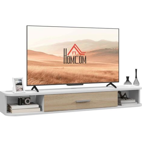 Meuble TV mural banc TV jusqu'à 50 pouces avec compartiments ouverts et armoire à porte rabattable blanc (1/5)