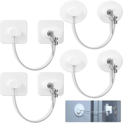 Kühlschrankschloss – 4 mm Stahlkette mit Schlüsselschloss und Klebefläche – Für Kühlschrank, Gefrierschrank, Schrank, Schublade, Toilettentür – 4-teiliges Set mit 8 Schlüsseln (1/5)