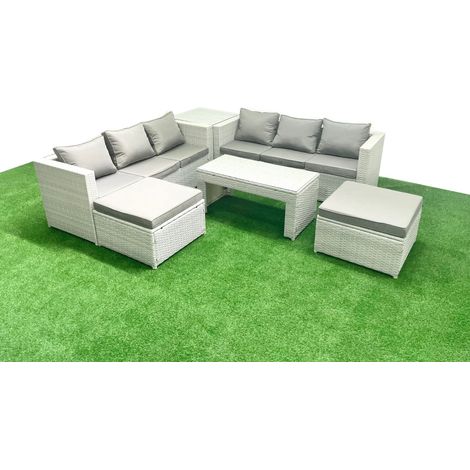 Fimous 8-Sitzer Gartenmöbel-Set im Freien Polyrattan Garten Sofa Rechteckiger Couchtisch Set mit 2 hohen Hockern Beistelltisch Hellgrau gemischt (1/5)