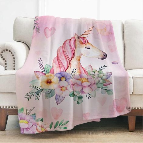 Plaid Licorne, cadeau idéal pour femmes et filles, imprimé fleurs roses, décoration parfaite pour la chambre, le salon, un anniversaire ou Noël. Plaid doux, confortable et léger. (1/4)