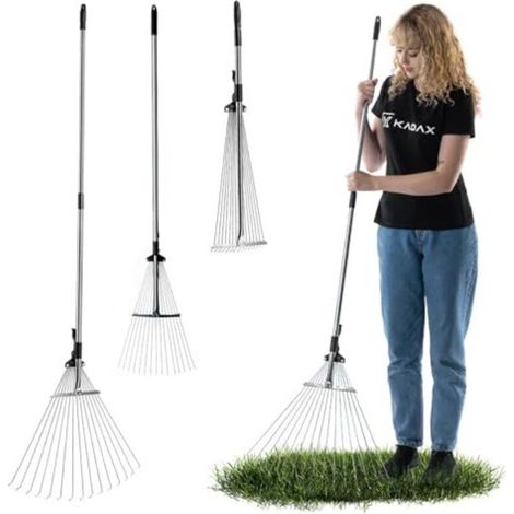 Râteau à feuilles et herbes en métal – tête large réglable, 15 dents, manche long ergonomique – idéal pour jardinage intensif