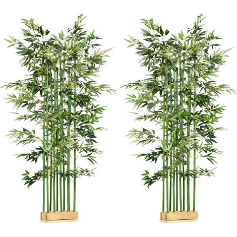 HOMCOM pack de 2 bambú artificiales 180 cm plantas artificiales con 1640 hojas maceta de madera de pino decoración para interior 35x10x180 cm verde (1/5)