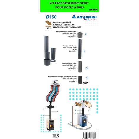 AN CAMINI Kit de raccordement droit pour poêle à bois - acier noir 2 mm Ø150 - avec manchette, longueurs droites et rallonge ajustable