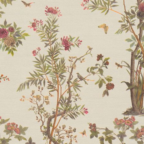 Papel pintado floral Profhome 790431 papel pintado vinílico estampado en caliente tejido non tejido ligeramente texturado con ornamentos florales efecto satinado crema verde-oliva marrón rosa 5,33 m2