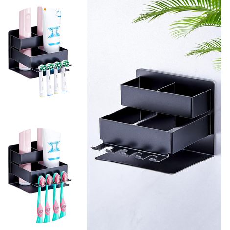 1 Support Mural, Métal Épais, Adhésif Sans Perçage, 4 Compartiments, Pour Brosse à Dents et Rasoir, Salle de Bain