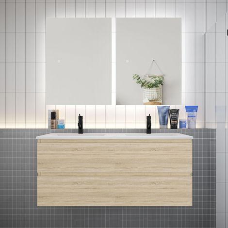 Meuble de salle de bain à 4 tiroirs avec lavabo et miroir LED antibuée2 - chêne L.120cm suspendu