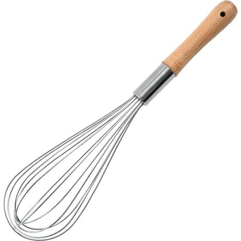 Batidor de madera, batidor de cocina de acero inoxidable de 31 cm con mango de madera, revestimiento antiadherente, multifuncional para mezclar, batir, montar, espumar y remover (pilas no incluidas). (1/5)