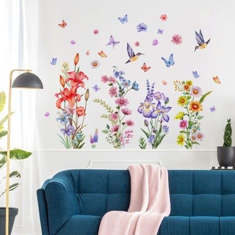 Stickers Muraux Fleurs Colorées Stickers Muraux Fleur de Jardin Autocollant Mural Plante Papillon Floral Oiseau Décoration Murale pour Décoration du Salon Chambre à Coucher Bureau et de Maison (1/5)