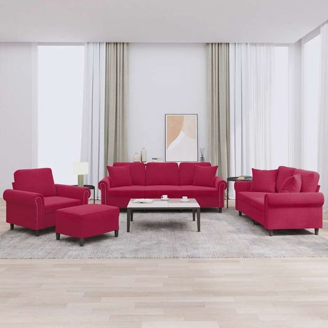 4-tlg. Sofagarnitur mit Kissen Weinrot Samt (1/5)