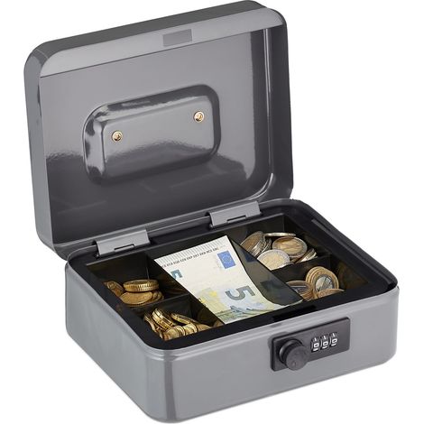 Relaxdays Cassetta con Combinazione, 3 Cifre, Porta Soldi, Valigetta in Ferro, Portavalori, 8,5x20x17 cm, Grigio