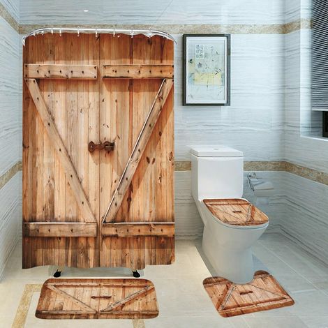 Ensemble de rideau de douche rustique 4 pièces, tapis de bain en bois, couvercle de couvercle de toilette (1/5)