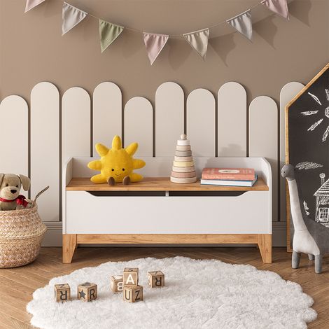 Baúl de juguetes Malia, Blanco/Artesano, 107.2 x 50 cm con asiento, Vitalispa