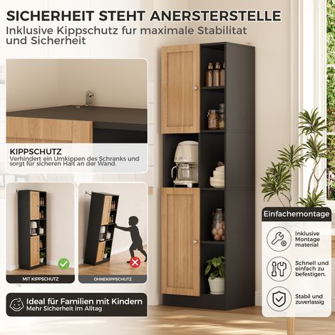 Mueble de cocina esquinero, mueble alto con 6 estantes abiertos, 2 puertas y estantes ajustables, mueble estrecho para cocina, comedor y sala de estar, dispositivo antivuelco, 50 × 35,5 × 170 cm, antr (1/5)