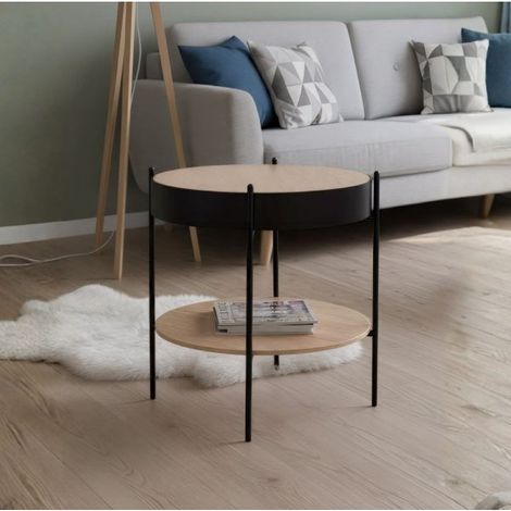 Tavolino tondo multifunzionale Trelleborg88B con vano contenitore artisan rovere e nero Ø 49,5 cm