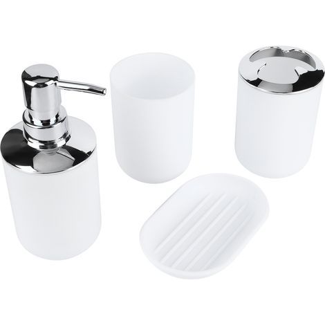 4-teiliges Badezimmer-Set mit Zubehör: Plastikflasche, Aufbewahrungsbecher, Spülbecher, Seifenschale (weiß) (1/5)