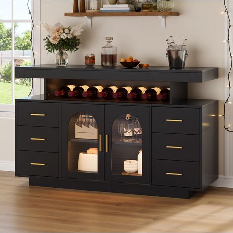 MODFU – Mueble bar de vinos 140x40x82 cm de MDF con LED RGB, 6 cajones, 2 puertas de vidrio y carga 50 kg – Negro