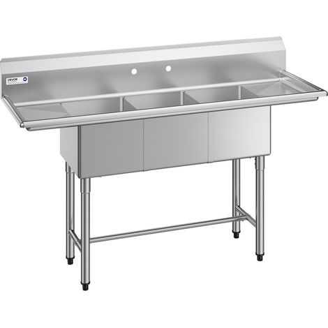 Évier de Cuisine à 3 Cuves de 35,6x40x27,9 cm, Évier Autoportant sur Pied, pour Restaurant Bar Camion-restaurant Maison, en Acier Inoxydable 304 de Calibre 18, avec 2 Égouttoirs et Dosseret (1/5)