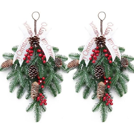 2 PCS Artificielle Swag Noël Teardrop Guirlande Porte Avant Swags avec Baies et Pommes de Pin, 19.6Inch Christmas Teardrop Floral Swag (1/5)