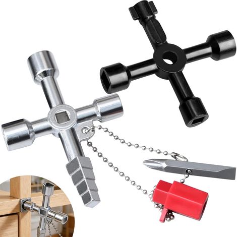 2 Pièces Clé Universelle Multifonction 4 Voies - Clé en Croix avec Têtes Triangle et Carrée - pour Armoire Électrique, Compteur Électrique, Gaz, Eau, Ascenseur (1/5)