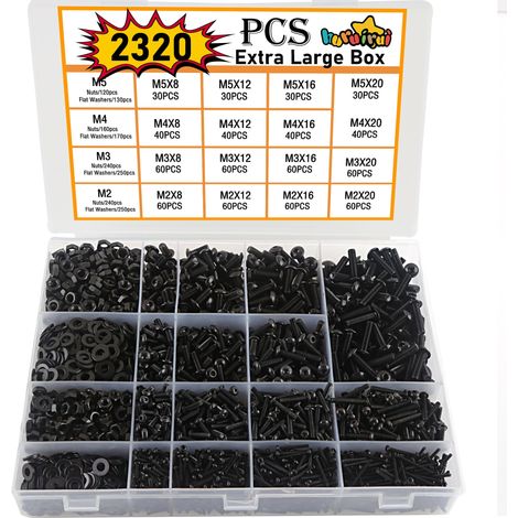 2320pcs M2 M3 M4 M5 Jeu de Vis et écrous Vis Boulon et écrous à Noir Hex Socket Head Cap Assortiment Ecrous et Boulons Rondelles Kit pour Réparation Bricolage Mécanique (1/5)