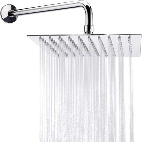 Pommeau de douche haute pression, grand pommeau carré en acier inoxydable 304 avec tube de 30 cm, pommeau de douche fixe pour salle de bain, économie d'eau (1/5)