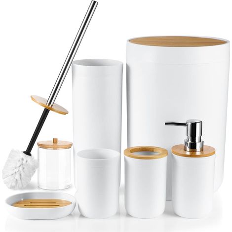 Lot de 7 accessoires de salle de bain en bambou, accessoires de salle de bain en plastique, porte-brosse à dents, gobelet, brosse WC, porte-savon, poubelle, distributeur de savon, blanc (1/5)