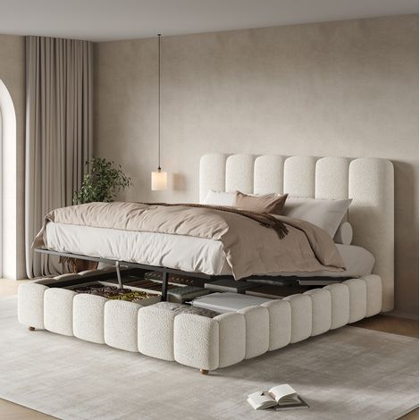 Cama con canapé 140x200 cm de tela bouclé blanca con somier de láminas - CHICFURN (1/5)